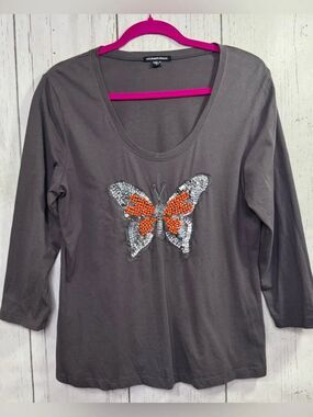 Michael Simon Butterfly Beaded Embellished Top Gray Orange Size L Artsy Boho